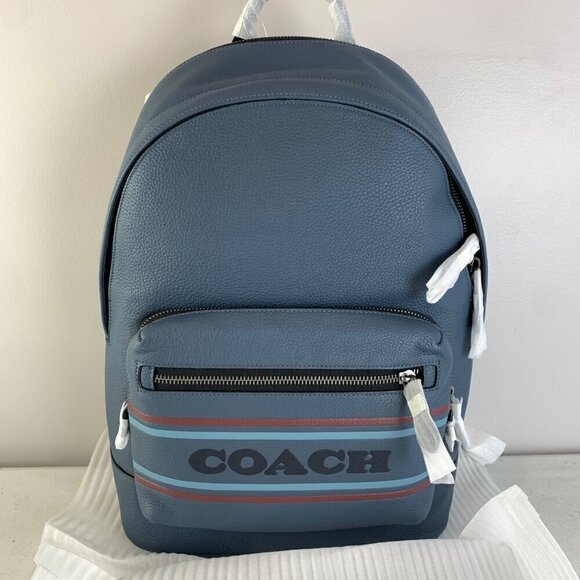 Coach West Backpack With Coach Stripe Gunmetal Denim Multi NEW - Picture 1 of 9